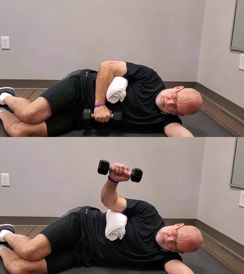resistance exercises for older adults - sidelying shoulder external rotation with dumbbell