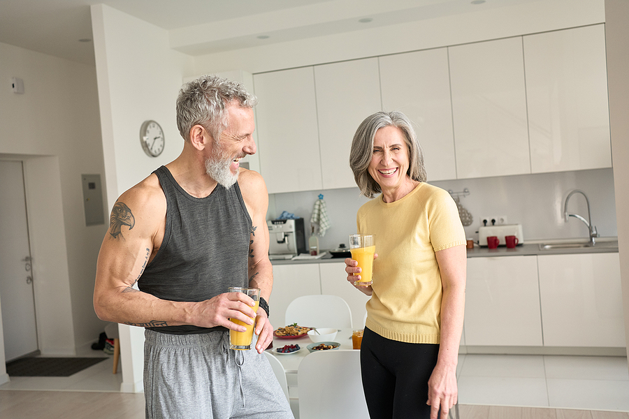 Healthy Sporty Happy Senior Adults Family Couple Drinking Juice After Strength Training